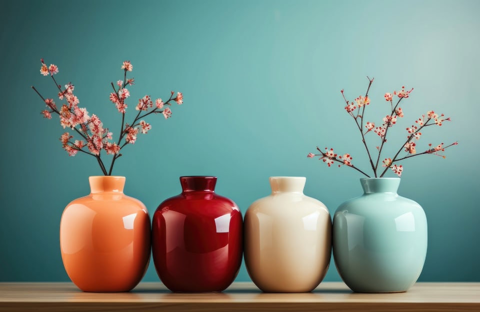Una composizione di quattro vasi uguali ma di colori diversi (arancio, rosso, bianco e azzurro) con sullo sfondo una parete azzurra