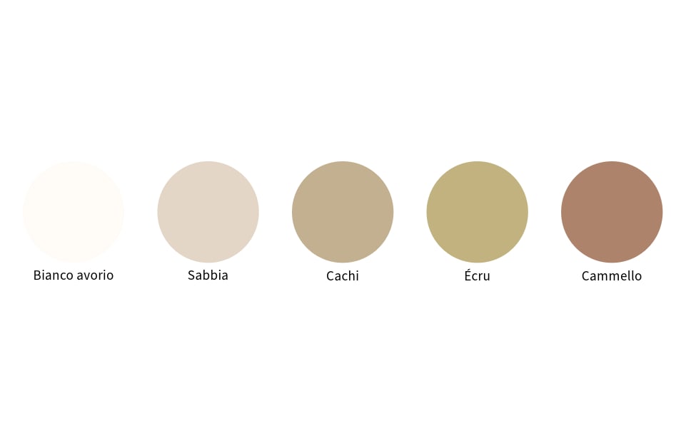 Palette di quattro colori: bianco avorio, sabbia, cachi, écru e cammello