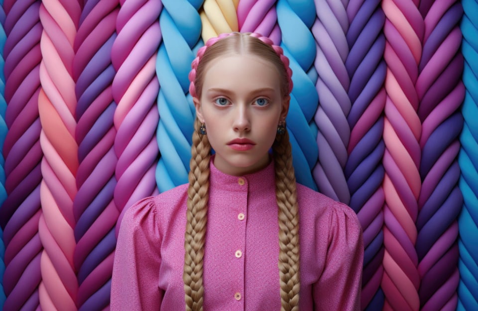 Ragazza vestita con abito rosa in stile vittoriano, con lunghe trecce bionde, su uno sfondo con trecce multicolore