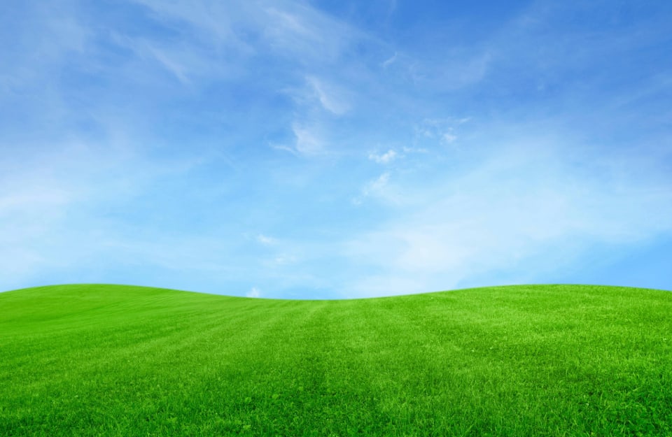 Panorama con una collina erbosa verde sotto a un cielo azzurro con poche nuvole