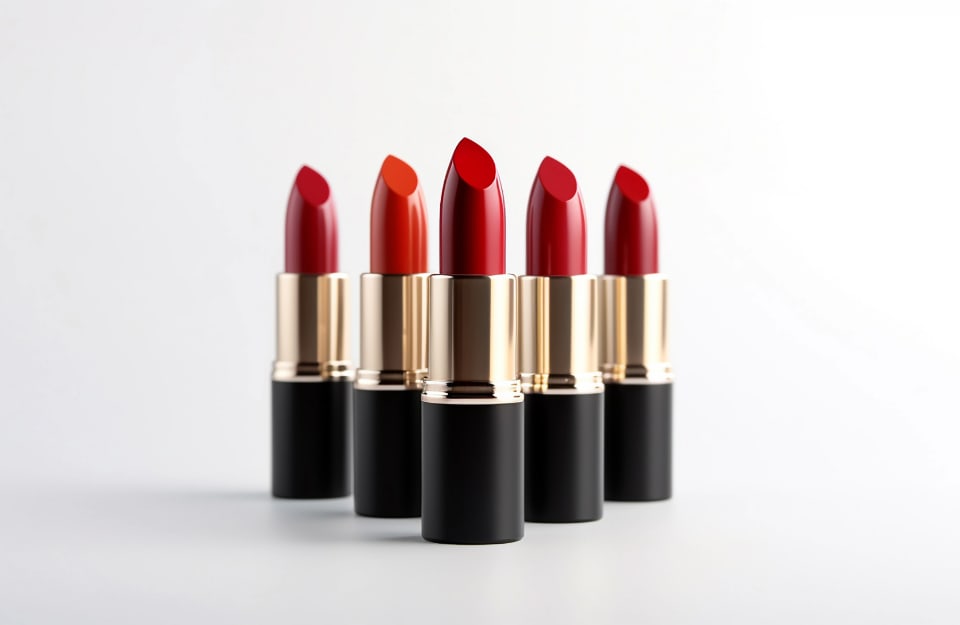 Cinque stick di rossetti rossi, aperti ed allineati a triangolo su sfondo neutro chiaro