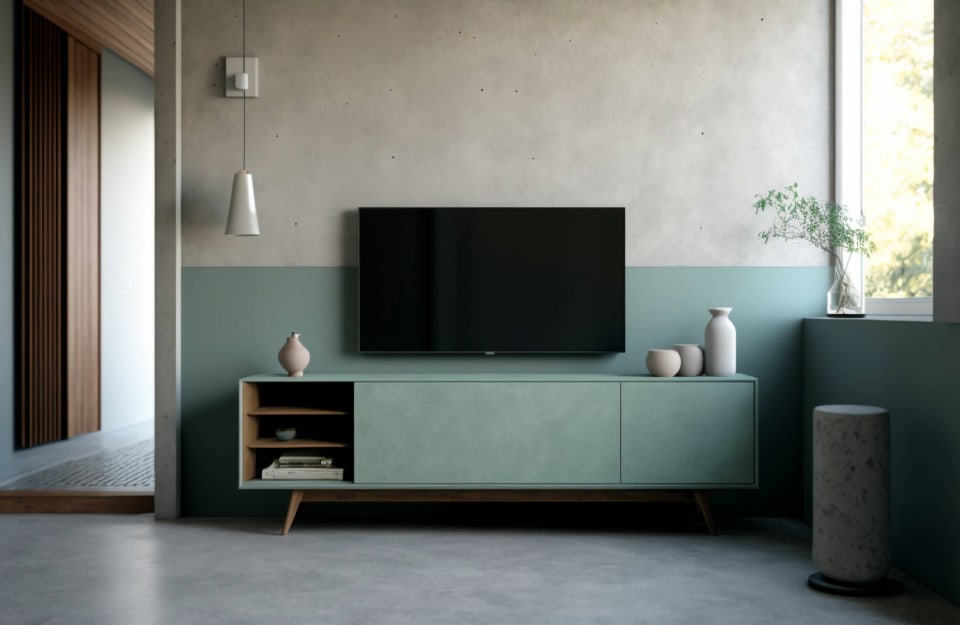 Un salotto moderno in stile minimale con muro in cemento parzialmente colorato di azzurro pastello, consolle dello stesso colore, tv, finestra e piante