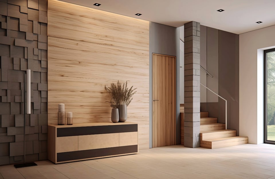 Habitación espaciosa de estilo moderno con algunas paredes de madera, suelo de parqué, mobiliario mínimo, escaleras que conducen a otro nivel y puerta de madera.