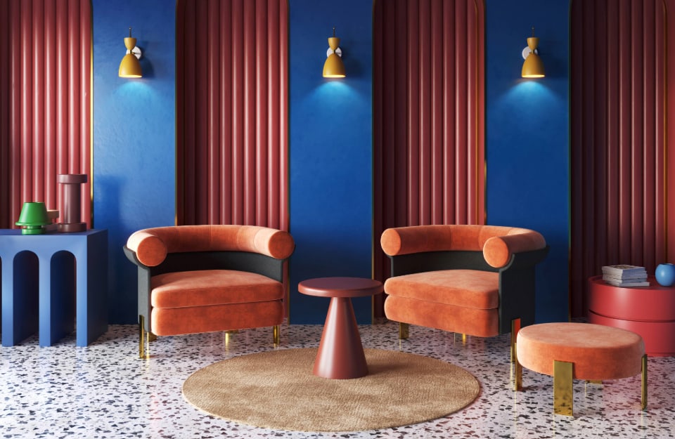 Un salotto arredato in stile moderno ispirato a Memphis, sui toni dell'arancione bruciato, dell'arancione scuro e del blu, con arredi e strutture ad arco e linee tondeggianti