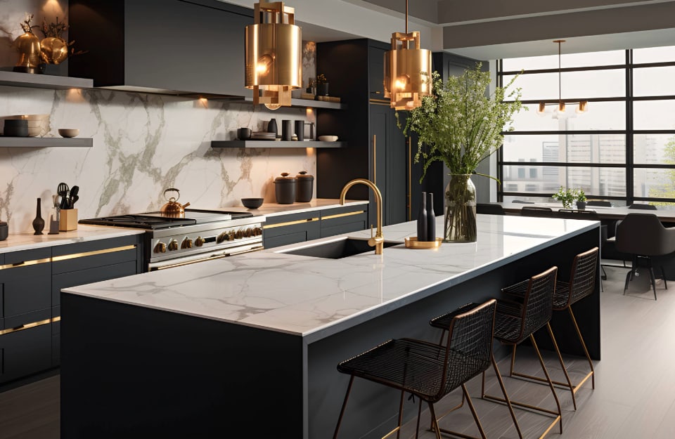 Vista angolata di una lussuosa cucina nera in stile classico contemporaneo, con piani di lavoro e paraschizzi in marmo bianco, dettagli in metallo color bronzo, finestra luminosa e tavolo da pranzo sullo sfondo