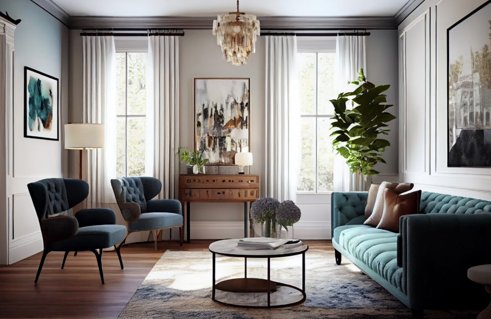 Un salotto in stile transitional, che combina elementi classici (divano, lampadario, poltrone e moderni (lampade, tavolino da caffè, consolle e quadri)