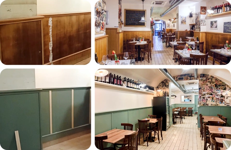 Il prima e il dopo del restyling di un ristorante, ad opera dei decoratori Martina Rossano e Luca Annibaldi, ambassador Rio Verde