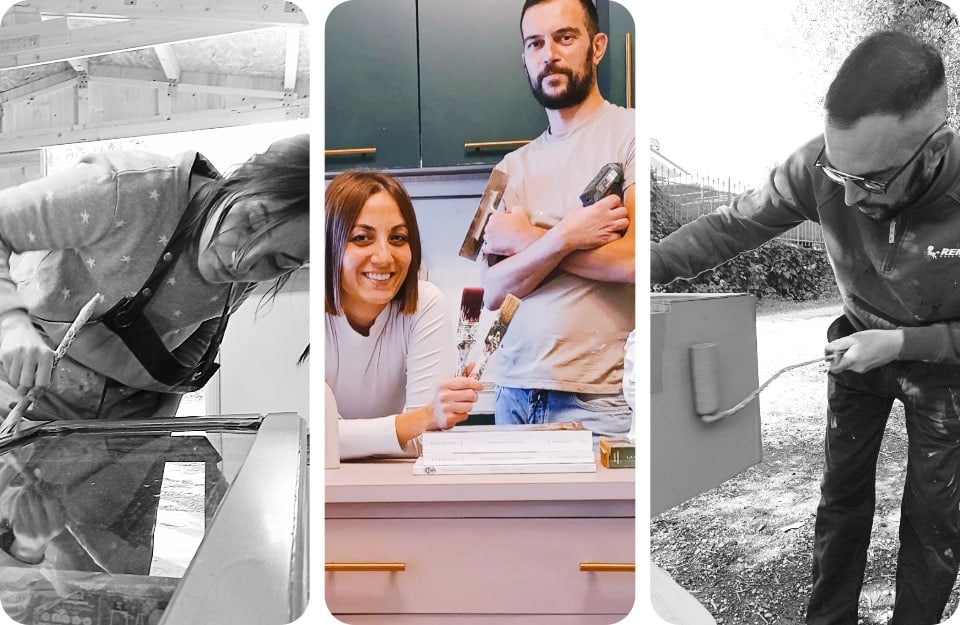 Tre ritratti, due in bianco e nero e uno a colori, di Martina Rossano e Luca Annibaldi, decoratori e ambassador Rio Verde