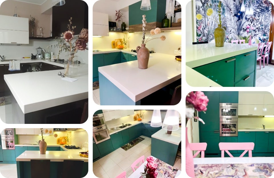 Una immagine del prima e cinque immagini del dopo il restyling di una cucina, ad opera della decoratrice Simona Furgieri, ambassador Rio Verde