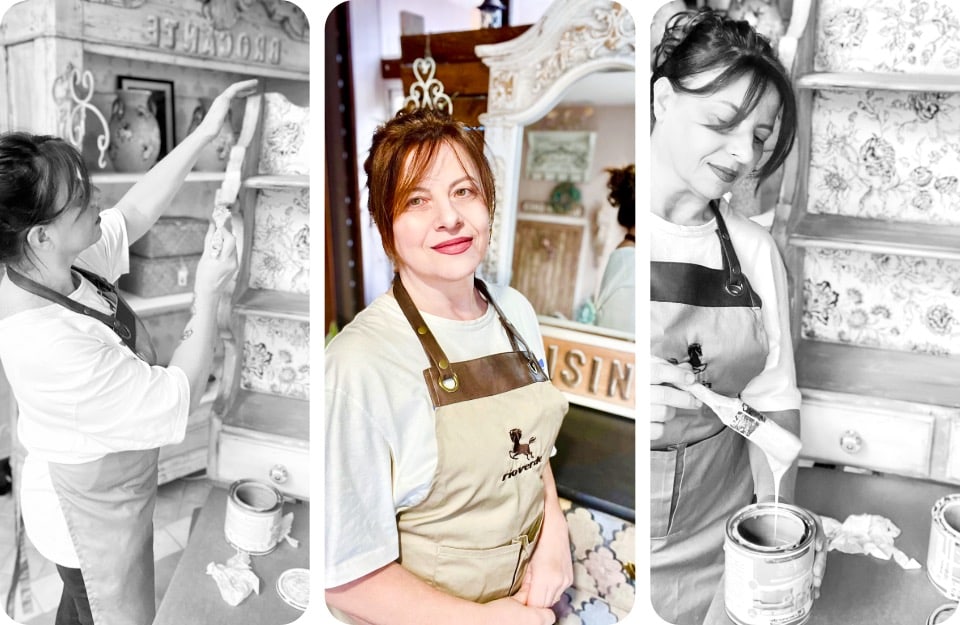 Tre ritratti, due in bianco e nero e uno a colori, di Simona Furgieri, decoratrice e ambassador Rio Verde