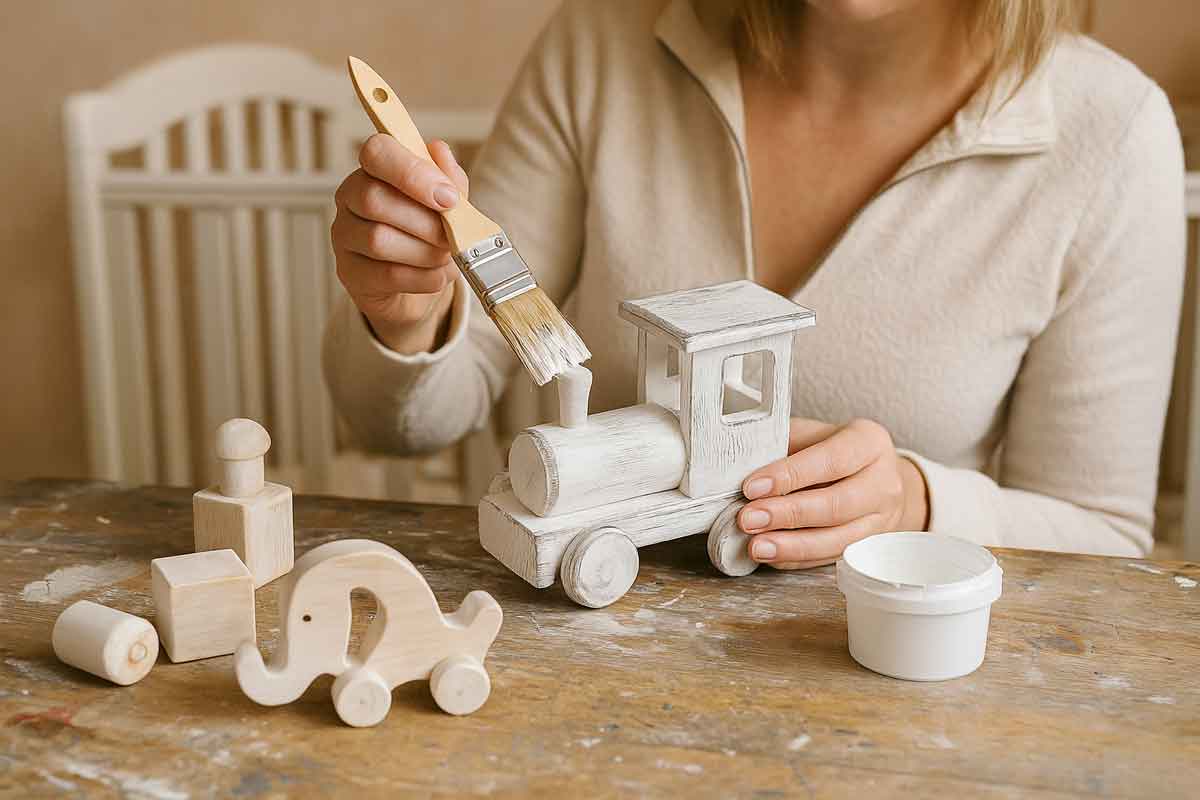 Applicazione di vernici effetto shabby su giocattoli in legno