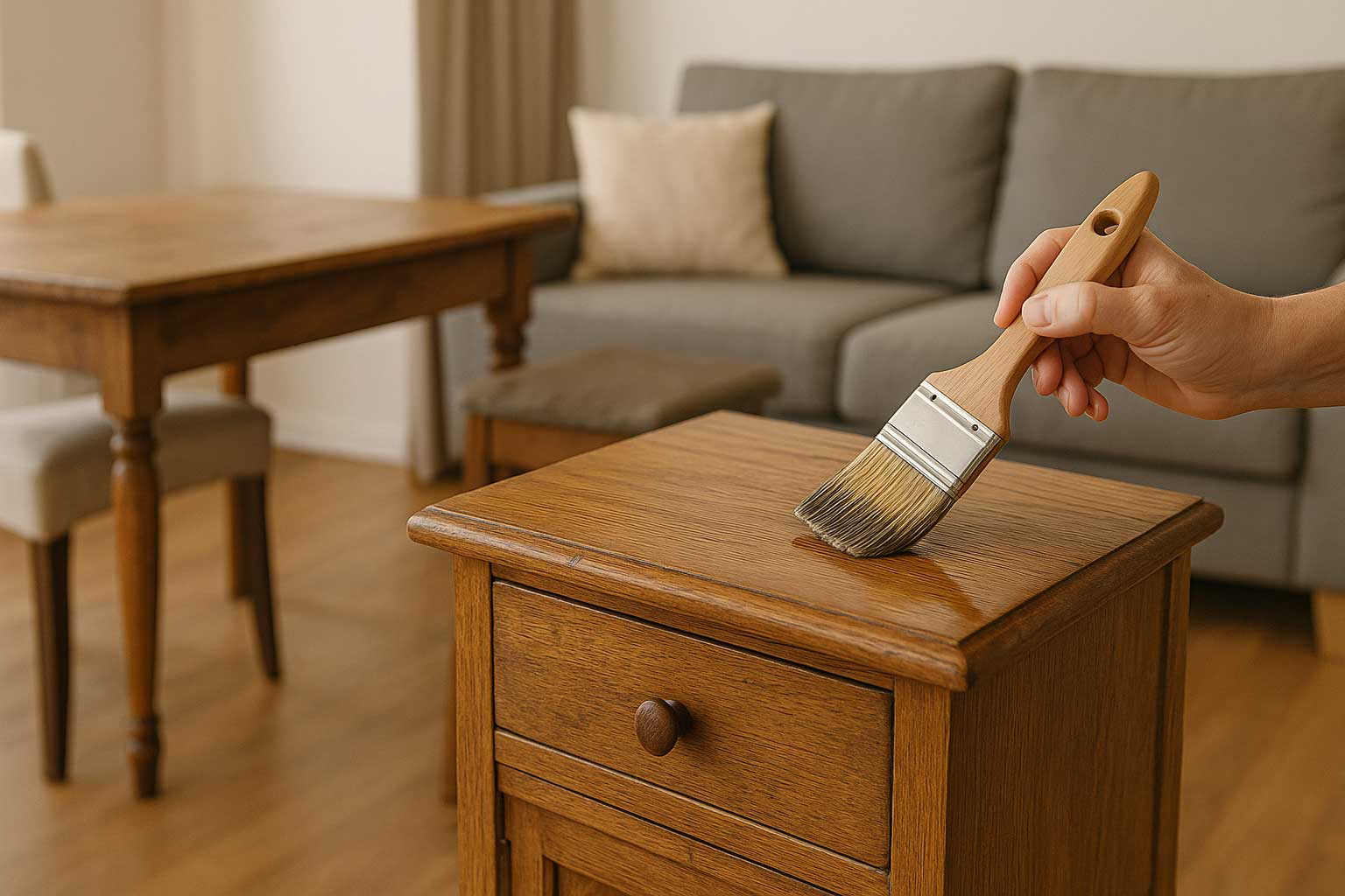 Applicazione di vernice ad acqua su comodino in legno in ambiente domestico — restauro mobili in legno con prodotti ecologici e senza odori chimici