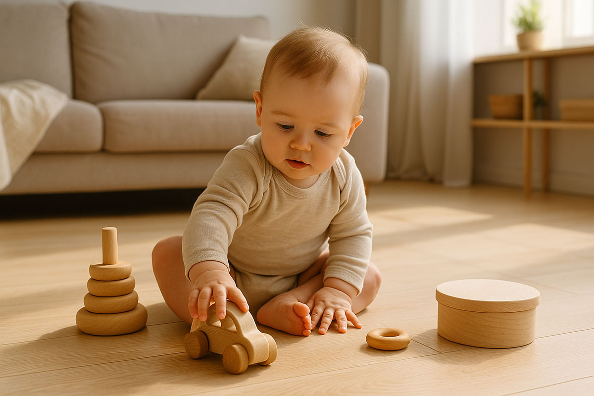 Bambino che gioca in un ambiente sicuro, trattato con vernici naturali prive di sostanze tossiche
