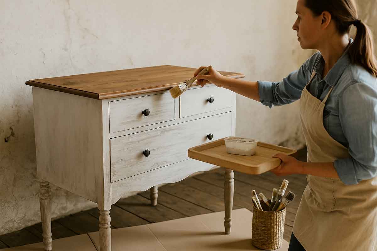 Applicazione di vernici effetto shabby su cassettiera in legno