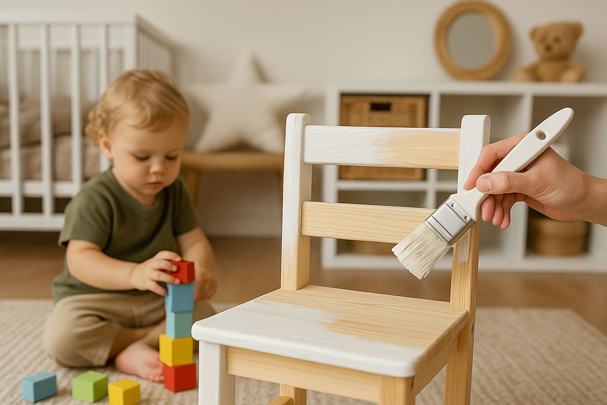 Bambina che gioca serenamente in casa, circondata da arredi trattati con vernici naturali e sicure