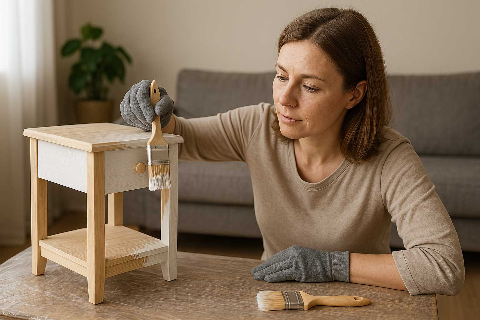 Donna che vernicia comodino in legno senza carteggiare con vernice ad acqua — restauro fai-da-te ecologico per mobili usurati