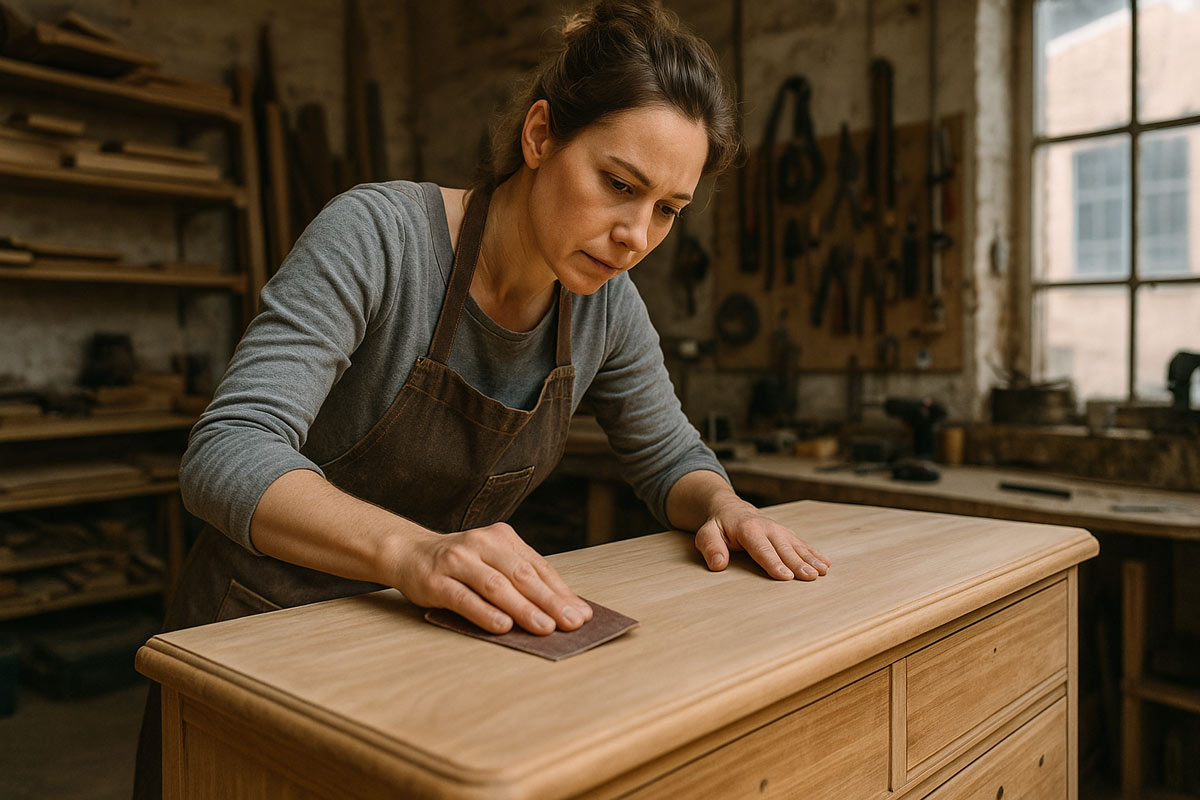 Artigiana concentrata che carteggia a mano un comò in legno all’interno di un laboratorio di falegnameria con luce naturale e attrezzi appesi alle pareti.