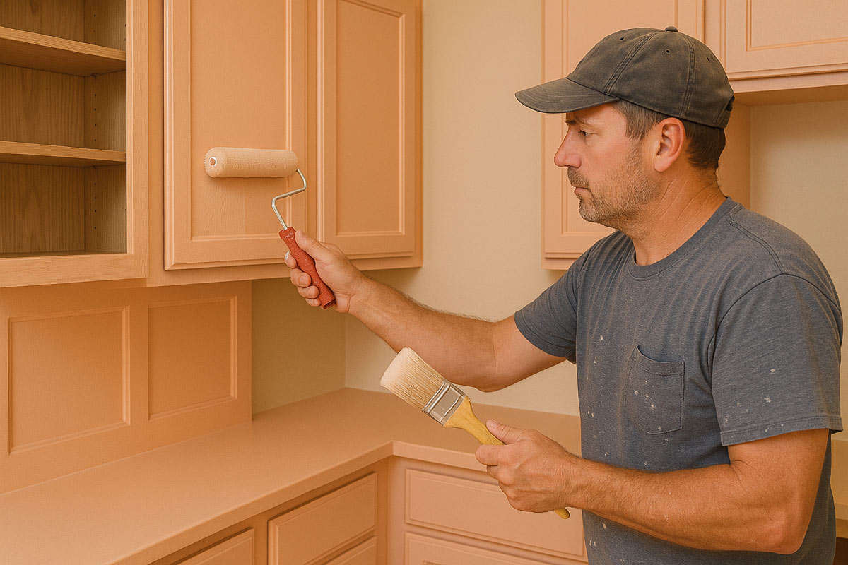 Artigiano che applica vernice color pesca su mobili da cucina in legno con rullo e pennello, all’interno di una cucina.