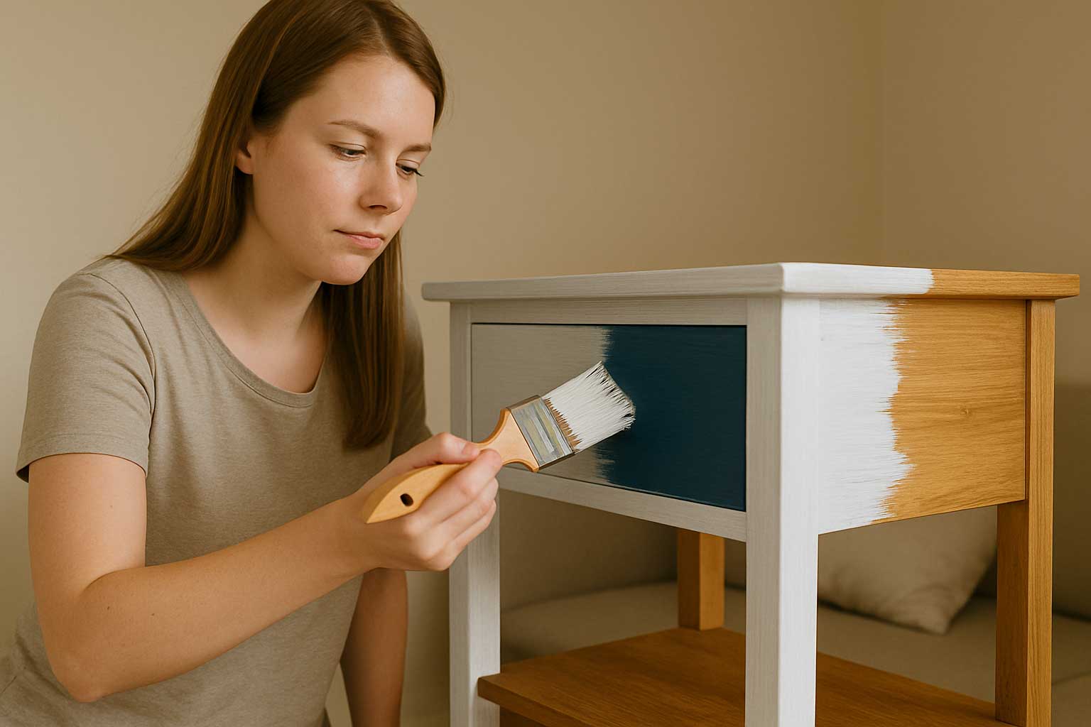 Applicazione vernice coprente su comodino