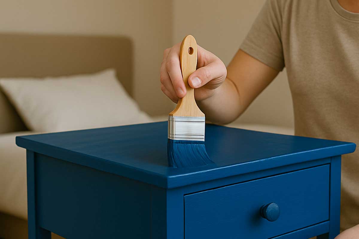Applicazione vernice color blu su comodino in legno con rullo e pennello
