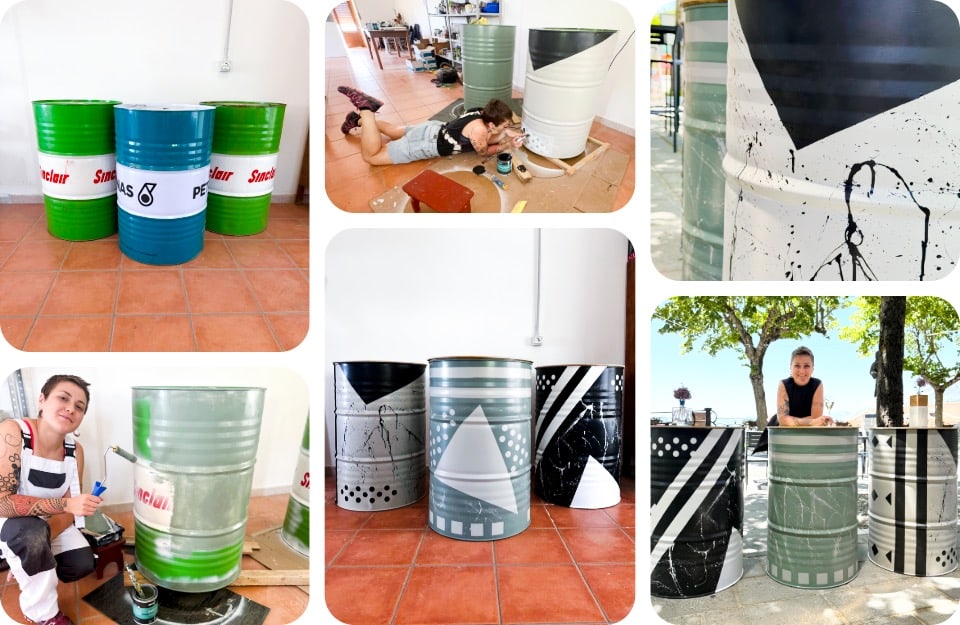 Il prima e il dopo di un restyling di una serie di bidoni per l'olio, riutilizzati come tavolini per un bar, opera della decoratrice Francesca Avallone, presente in una delle foto