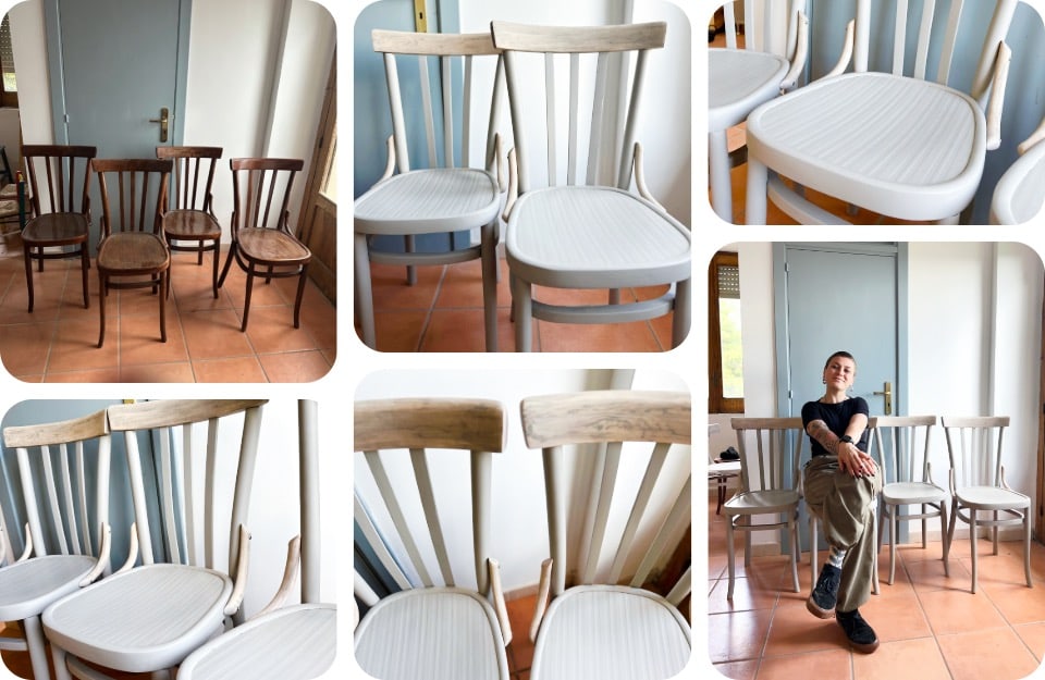 Il prima e il dopo di un restyling di una serie di sedie, realizzato dalla decoratrice Francesca Avallone, presente in una delle foto