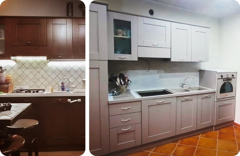 Il prima e il dopo del restyling di una cucina, ad opera delle decoratrici Elisabetta Rella e Laura Mei