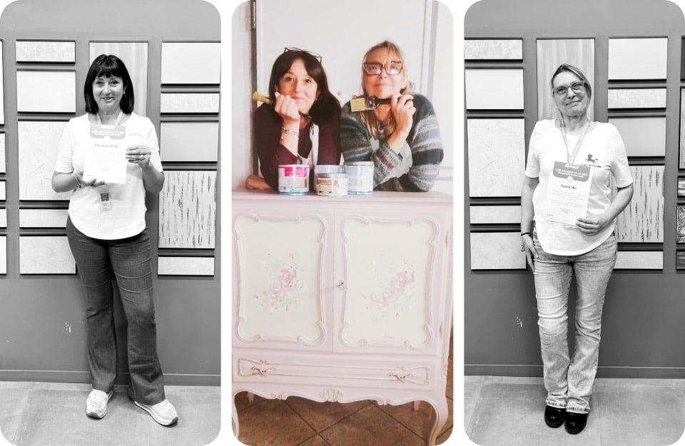 Tre ritratti, due in bianco e nero e uno a colori, di Elisabetta Rella e Laura Mei, decoratrici e ambassador Rio Verde