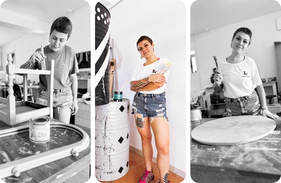 Tre ritratti, due in bianco e nero e uno a colori, della decoratrice Francesca Avallone