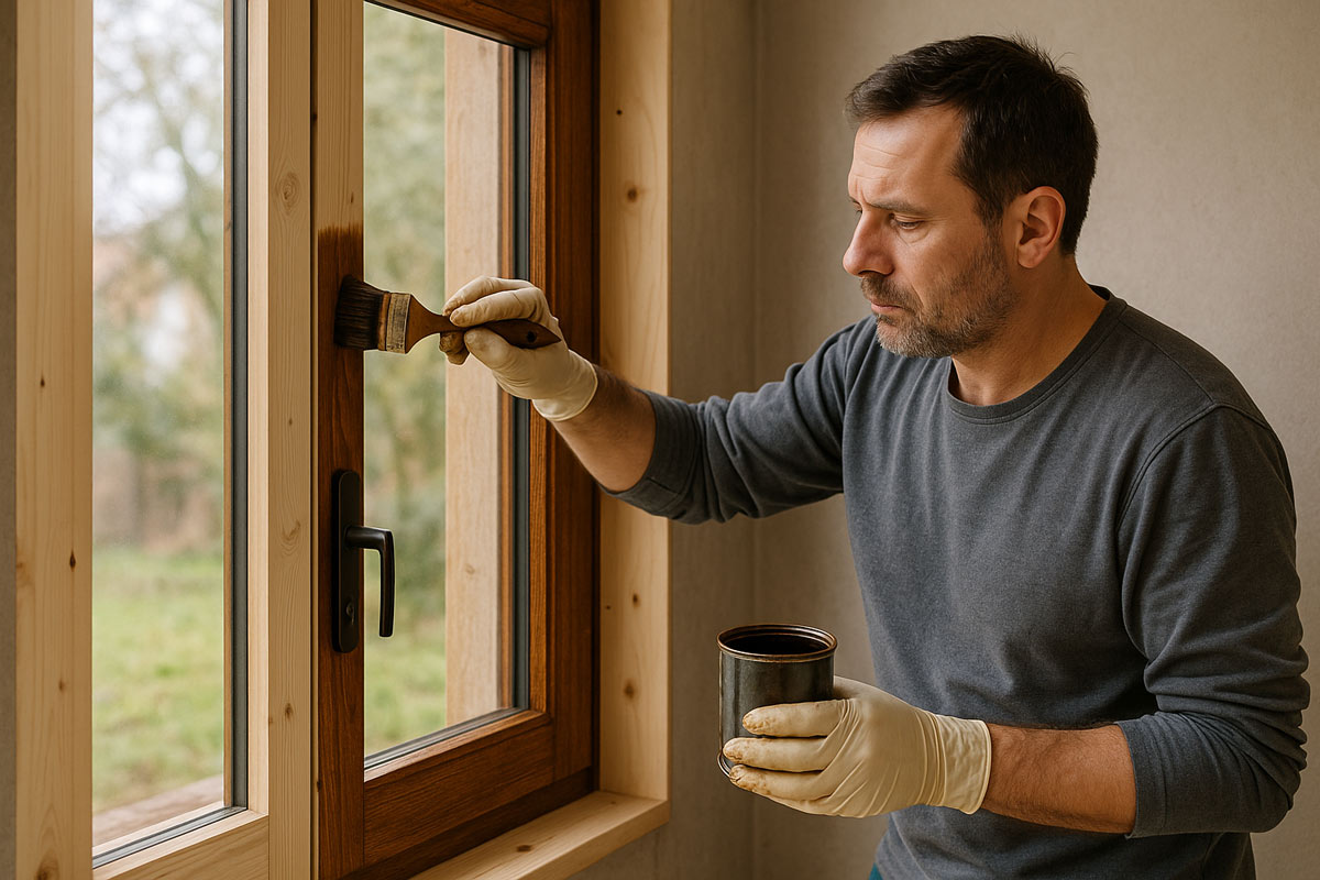 Artigiano di mezza età che applica impregnante color noce su una porta finestra in legno grezzo vista dall’interno di una casa.
