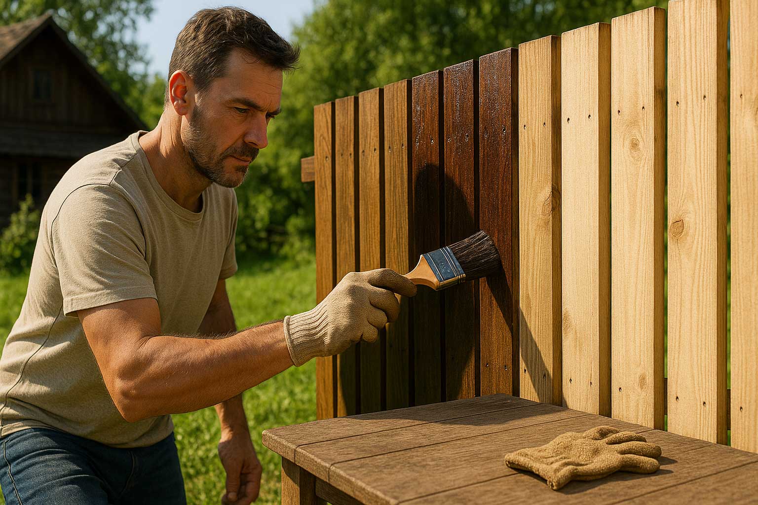 Artigiano di mezza età che applica impregnante