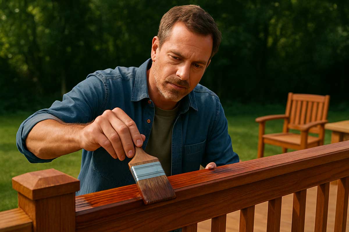 Applicazione a pennello di impregnante su staccionata in legno