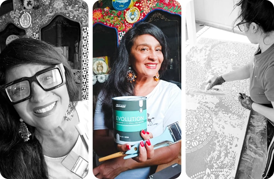 Tre ritratti, due in bianco e nero e uno a colori, della decoratrice Sabina Blanco