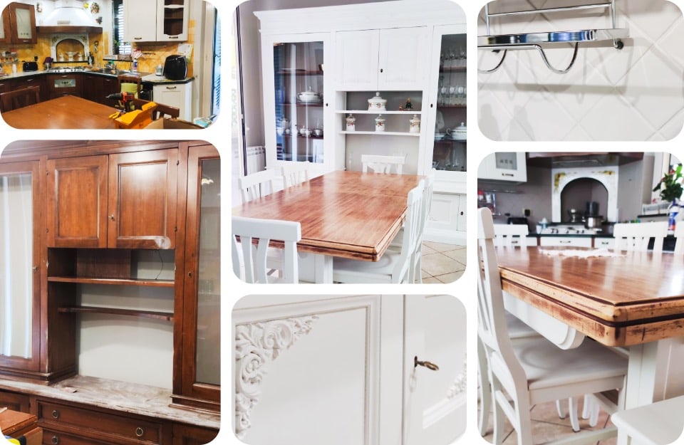 Il prima e il dopo del restyling di una cucina con tavolo e sedie, realizzato dalla decoratrice Sabina Blanco con i prodotti Rio Verde