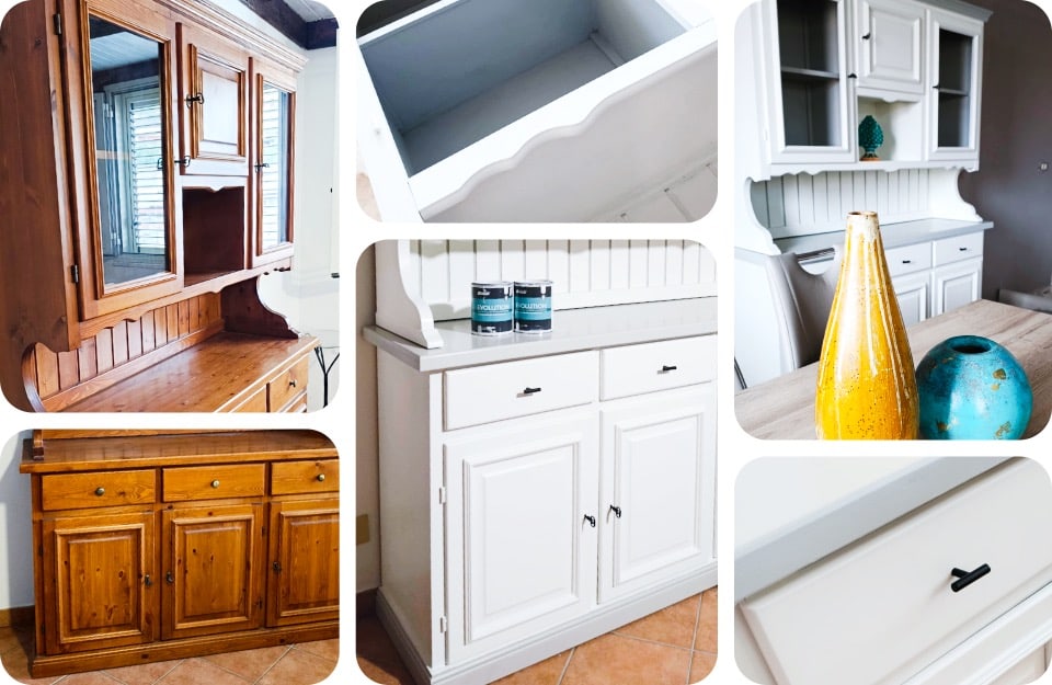 Il prima e il dopo del restyling di una credenza, realizzato dalla decoratrice Sabina Blanco con i prodotti Rio Verde