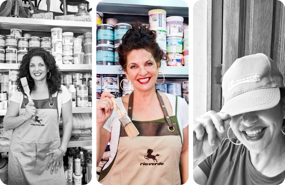 Tre ritratti, due in bianco e nero e uno a colori, della decoratrice Lucy Fenech