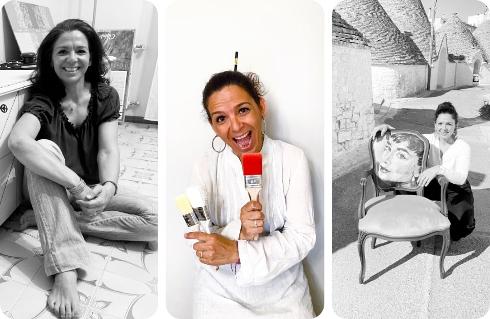 Tre ritratti, due in bianco e nero e uno a colori, della decoratrice Francesca Oddo