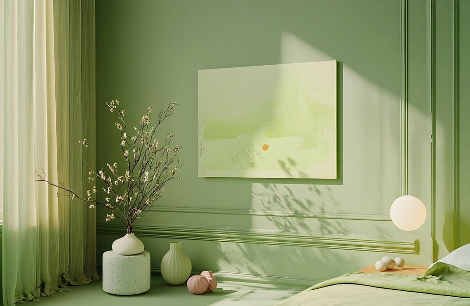 Dormitorio luminoso en verde claro con paredes monocromas, detalles naturales y luz solar difusa. Ejemplo de interiorismo orientado al bienestar.