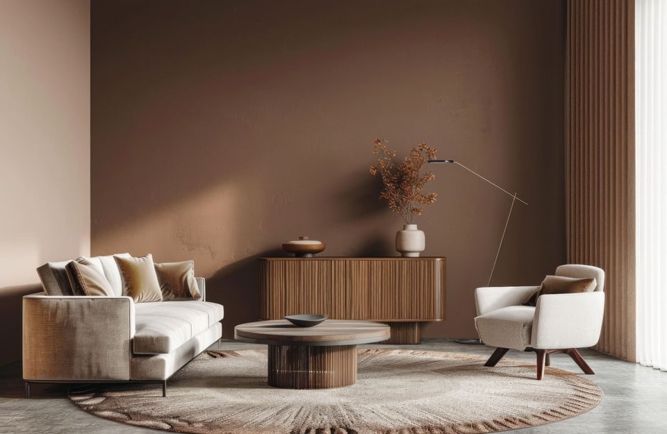 Salón monocromático en tonos cacao-tabaco con aparador de madera, alfombra redonda y muebles suaves. Ejemplo de marrones profundos elegantes.