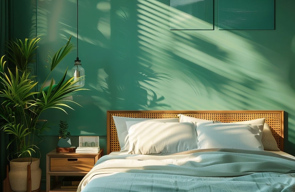 Dormitorio verde con cabecero de rejilla y plantas de interior