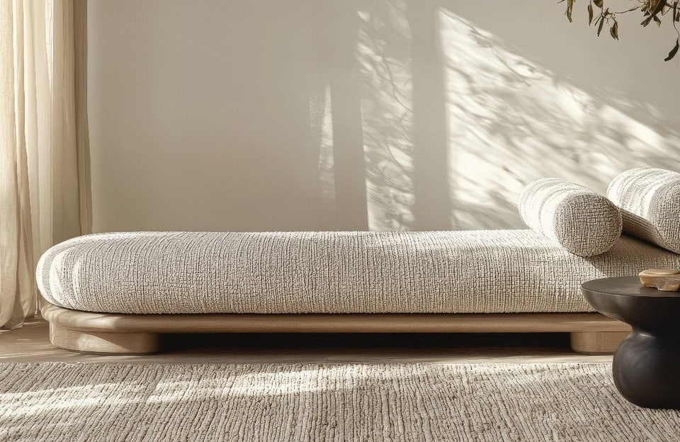 Sala minimal en blanco crema con diván de textura marcada