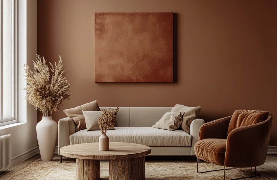 Salón en arena-caqui con cuadro tono sobre tono y mobiliario suave. Referencia al neutral equilibrado y a las texturas cálidas.