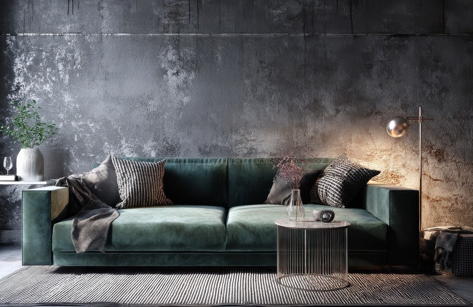 Salón escénico con sofá verde oscuro y pared matérico con efecto metal oxidado. Atmósfera sofisticada y contemporánea.