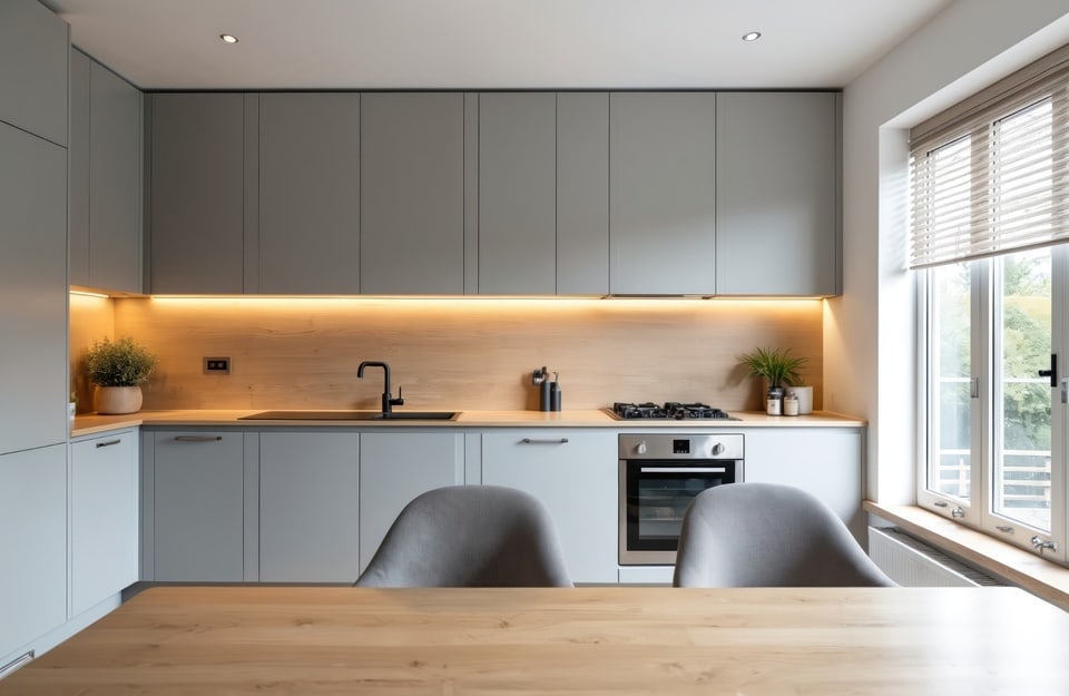 Cucina contemporanea con mobili grigio piombo e dettagli in legno.