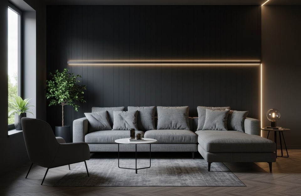 Dettaglio di lampada LED minimal montata sopra un divano grigio piombo sotto un pensile scuro applicato a una parete grigio scuro/nera.