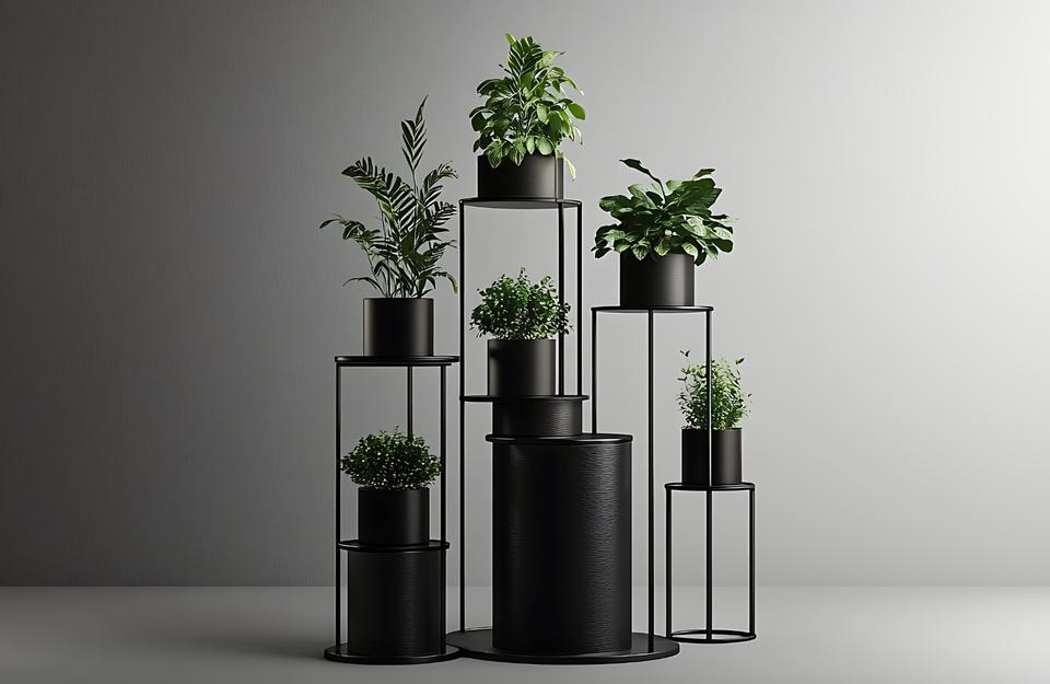 composizione scultorea di piante verdi in vasi neri moderni