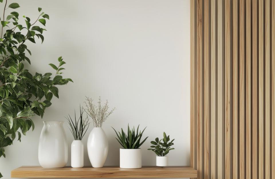vasi bianchi con piante verdi in stile minimalista