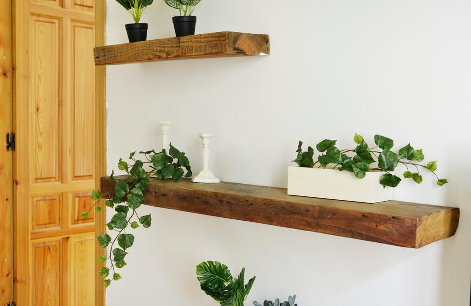 mensole in legno con piante verdi e decorazioni minimaliste