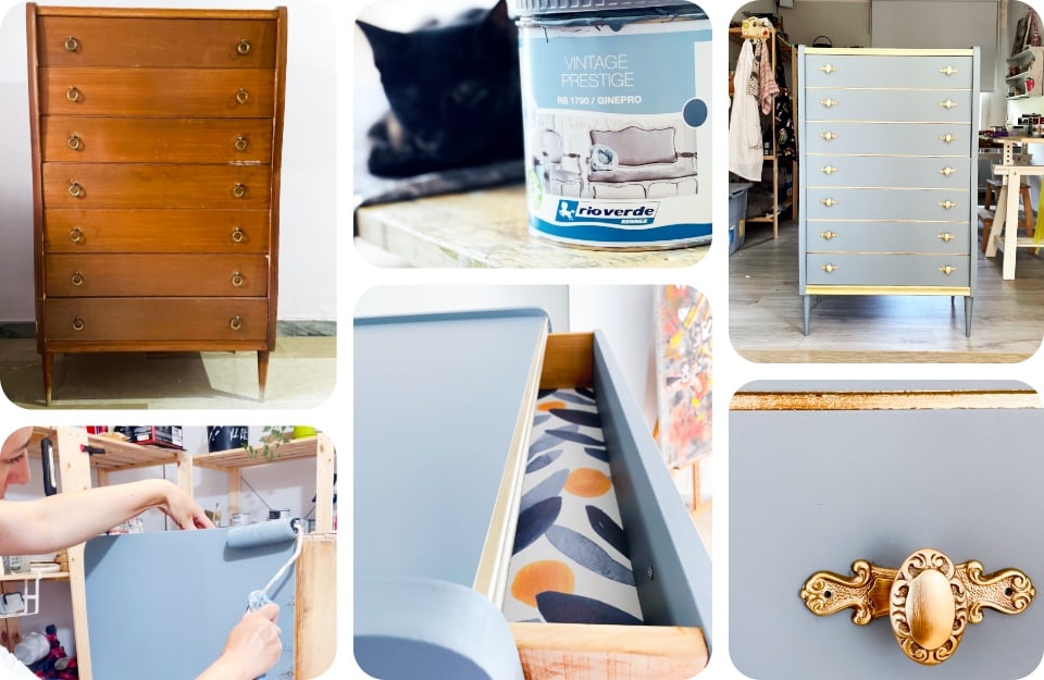 Il prima e il dopo di un restyling di una cassettiera, realizzato dalla decoratrice Maria Pagliaroli con i prodotti Rio Verde