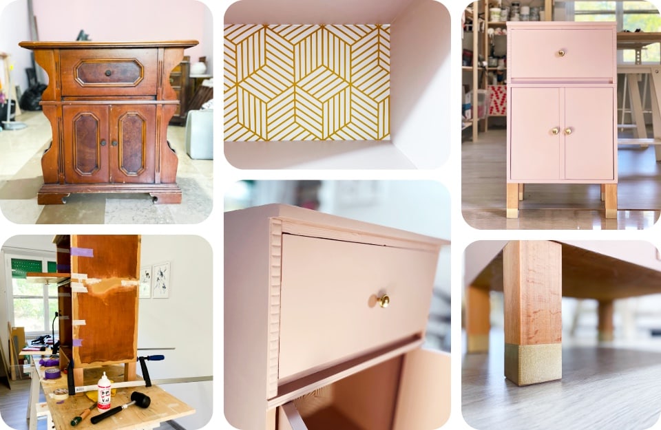 Il prima e il dopo di un restyling di un mobiletto, realizzato dalla decoratrice Maria Pagliaroli con i prodotti Rio Verde